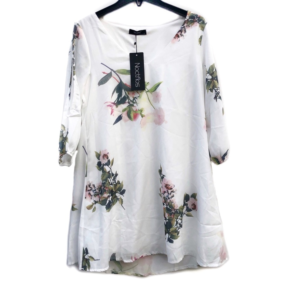 NWT Noctflos 3/4 Sleeve Cold Shoulder Watercolor Floral Short Casual Dress S